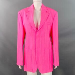 S Le Coup de Soleil Neon Pink White Viscose Silk Notch Lapel Jacket Blazer